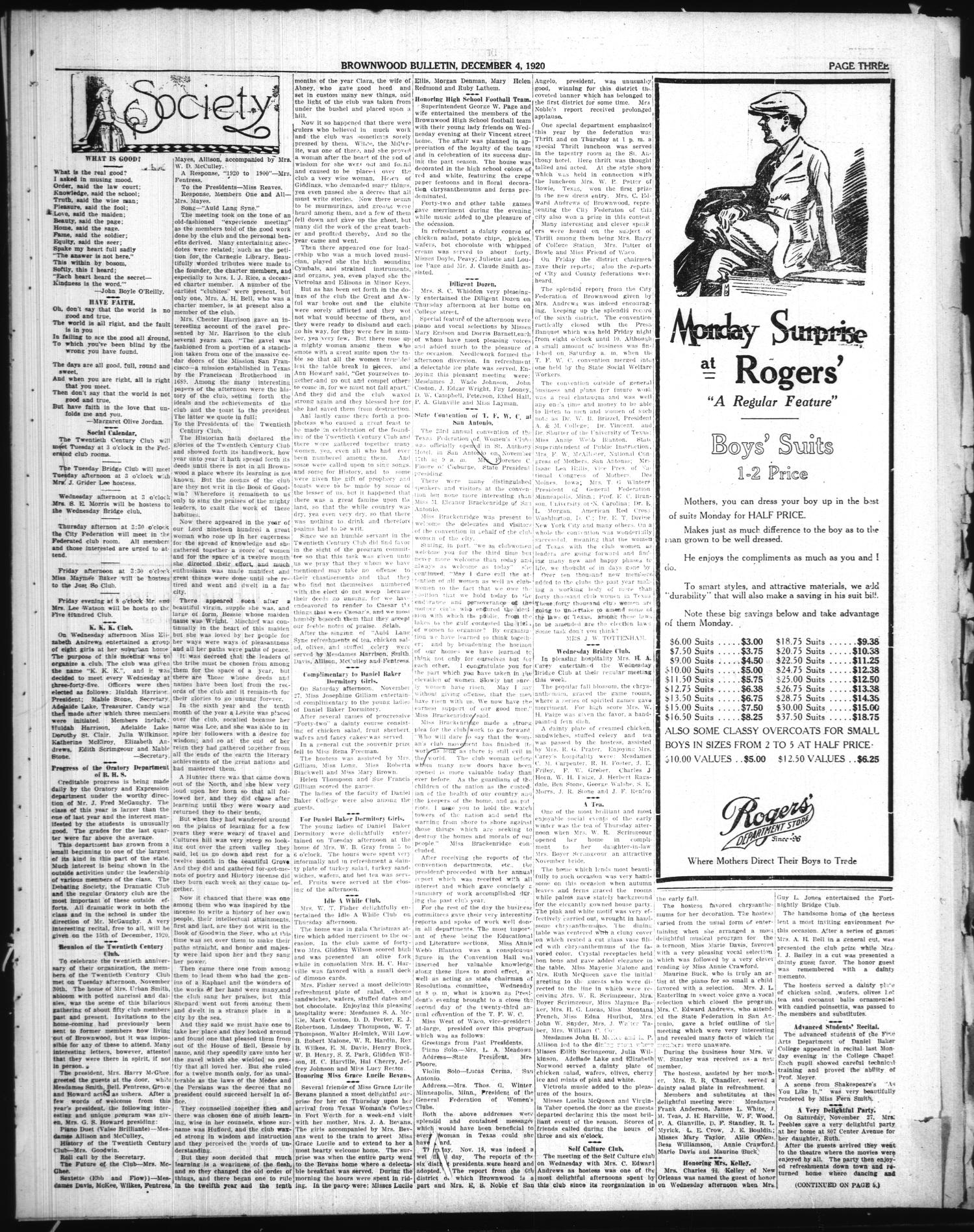 Brownwood Bulletin (Brownwood, Tex.), Vol. 21, No. 42, Ed. 1 Saturday, December 4, 1920
                                                
                                                    [Sequence #]: 3 of 8
                                                