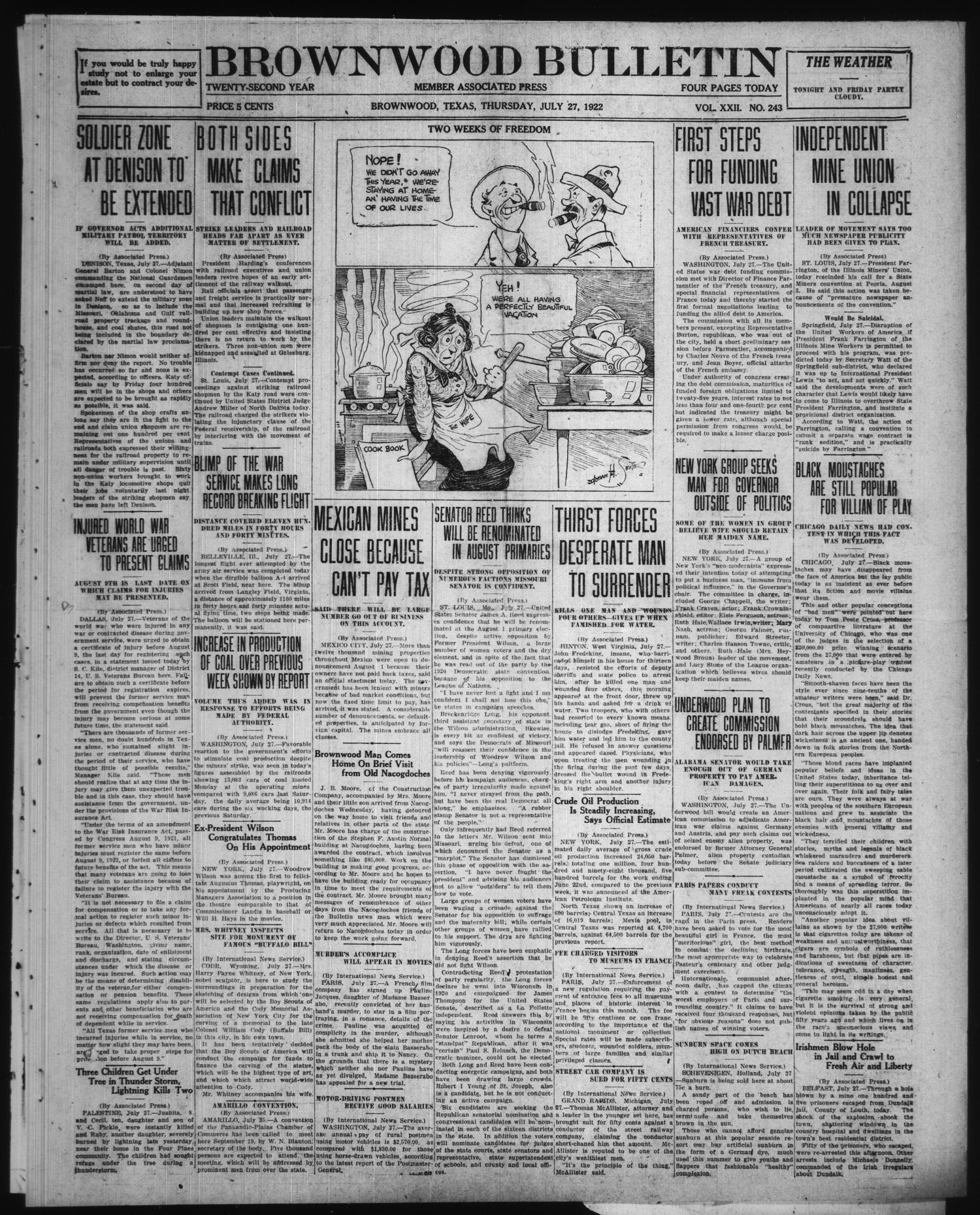 Brownwood Bulletin Brownwood Tex Vol 22 No 243 Ed 1 Thursday July 27 1922 Page 1 Of 4 The Portal To Texas History