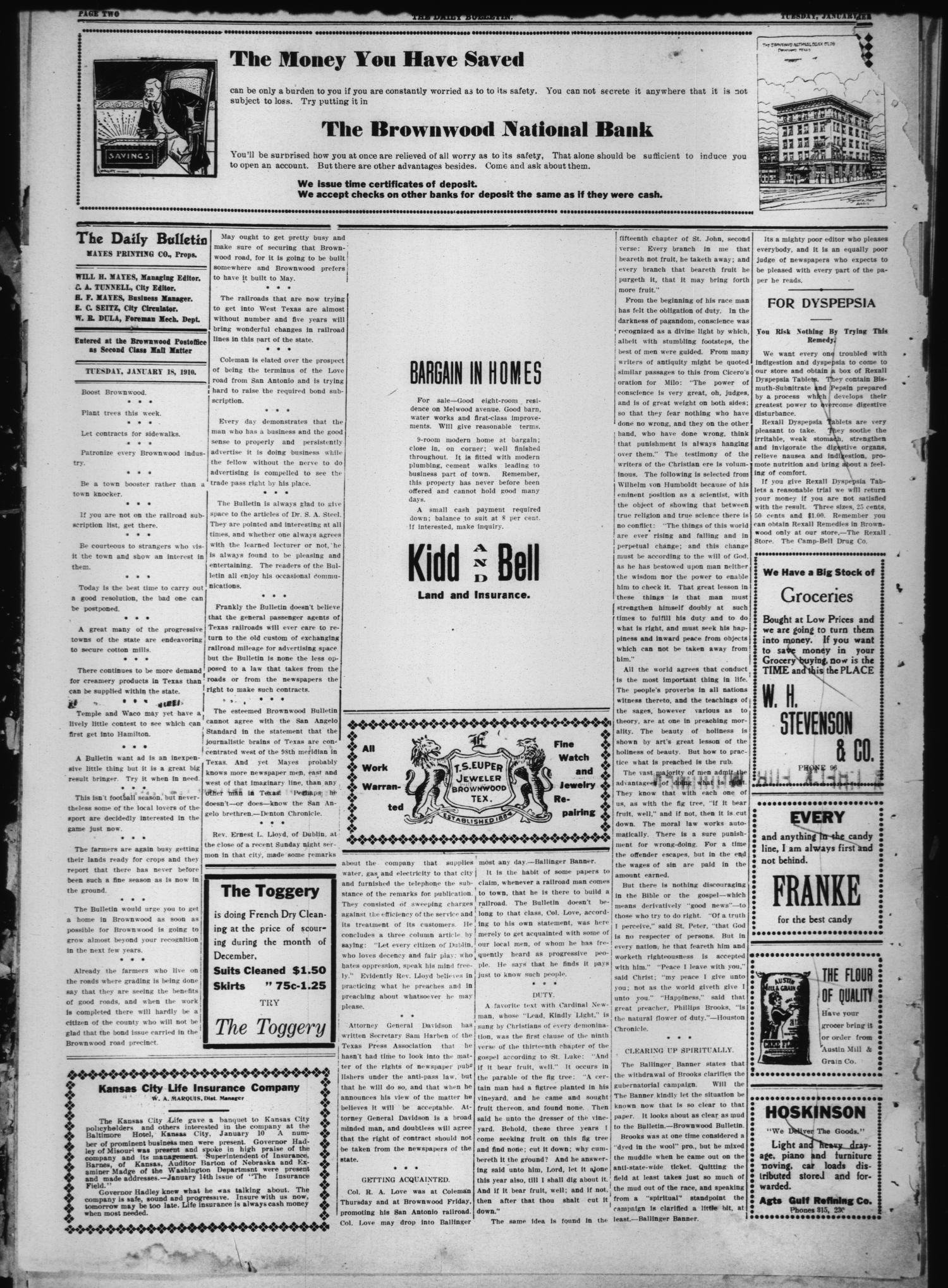 Daily Bulletin. (Brownwood, Tex.), Vol. 10, No. 79, Ed. 1 Tuesday, January 18, 1910
                                                
                                                    [Sequence #]: 2 of 7
                                                