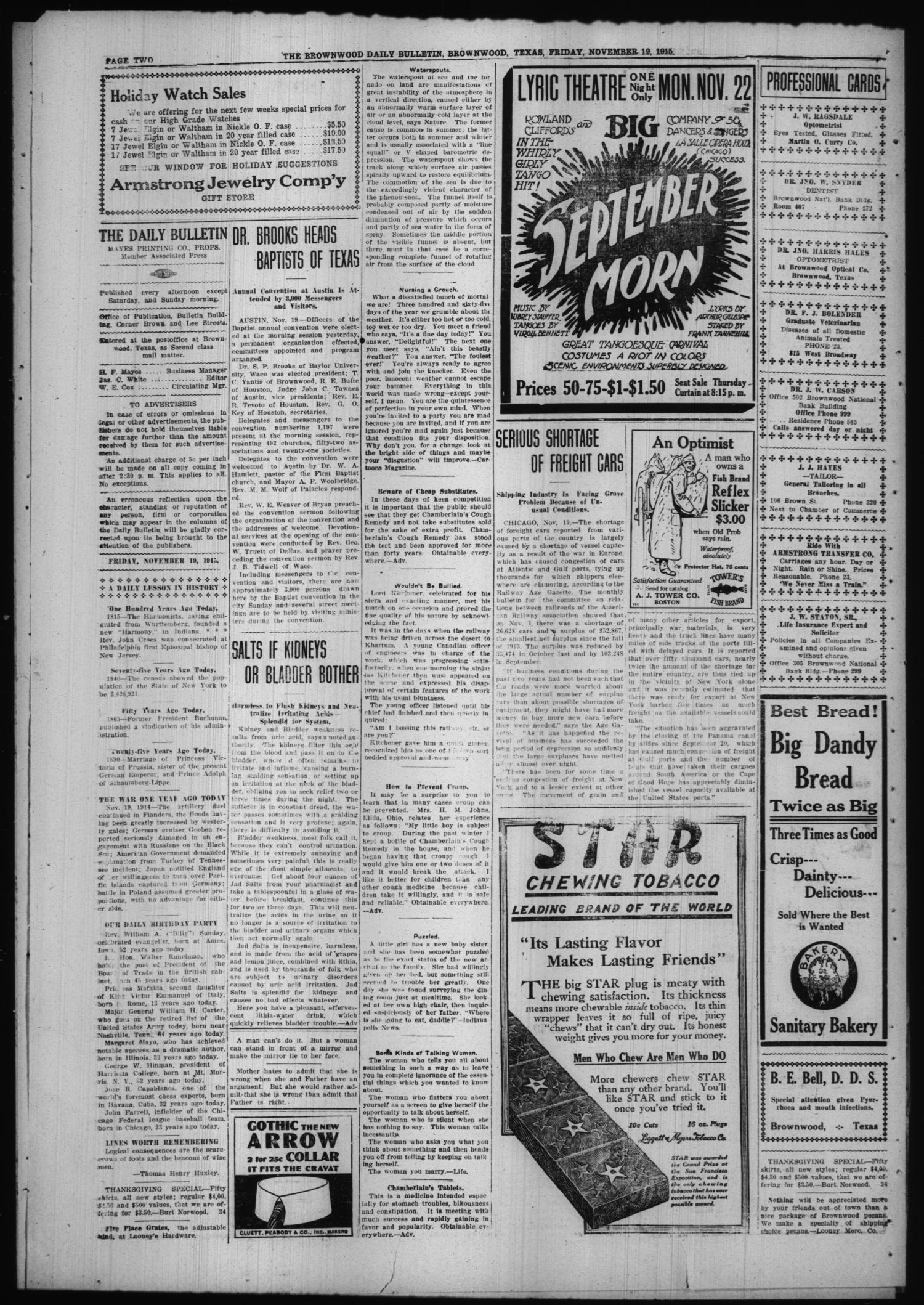 The Daily Bulletin (Brownwood, Tex.), Vol. 15, No. 31, Ed. 1 Friday, November 19, 1915
                                                
                                                    [Sequence #]: 2 of 4
                                                
