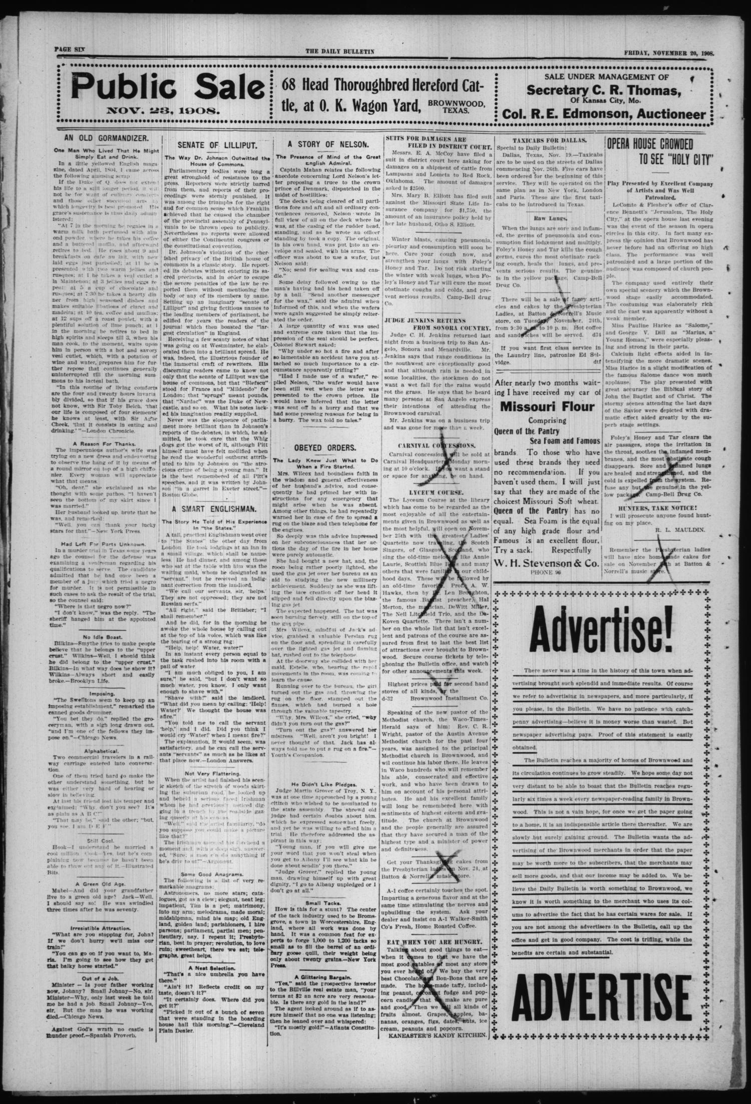 Daily Bulletin. (Brownwood, Tex.), Vol. 9, No. 32, Ed. 1 Friday, November 20, 1908
                                                
                                                    [Sequence #]: 6 of 8
                                                
