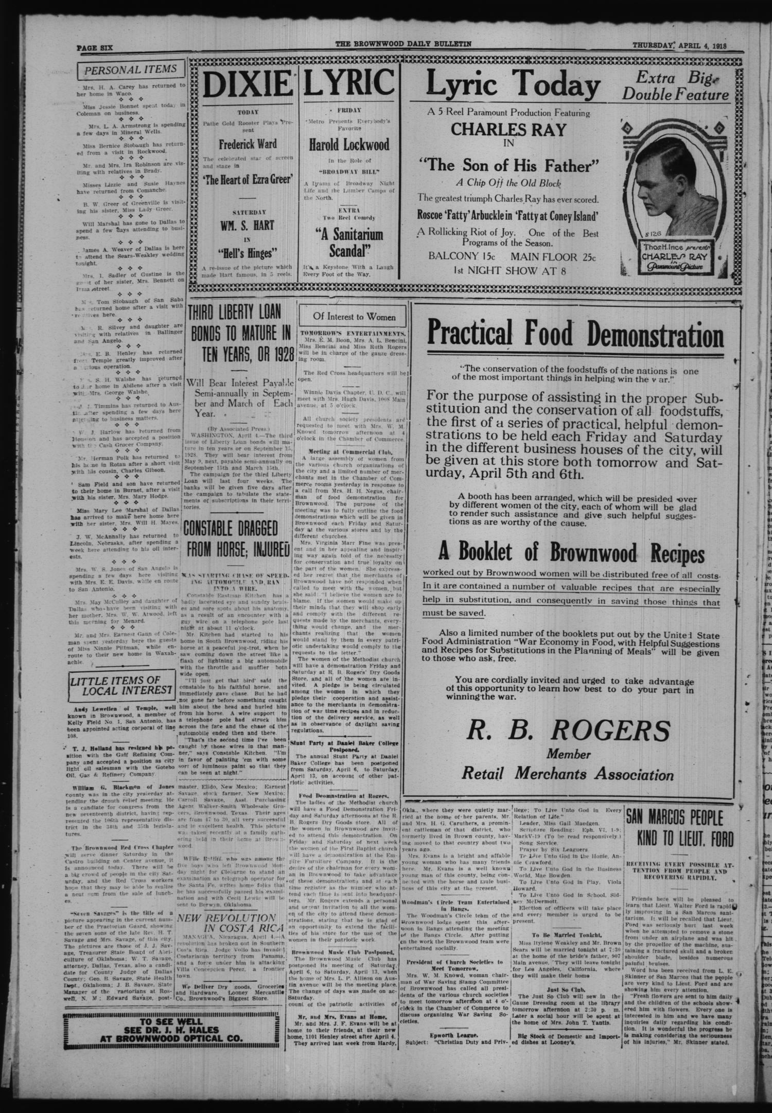 The Daily Bulletin Brownwood Tex Vol 17 No 146 Ed 1 Thursday April 4 1918 Page 6 Of 6 The Portal To Texas History
