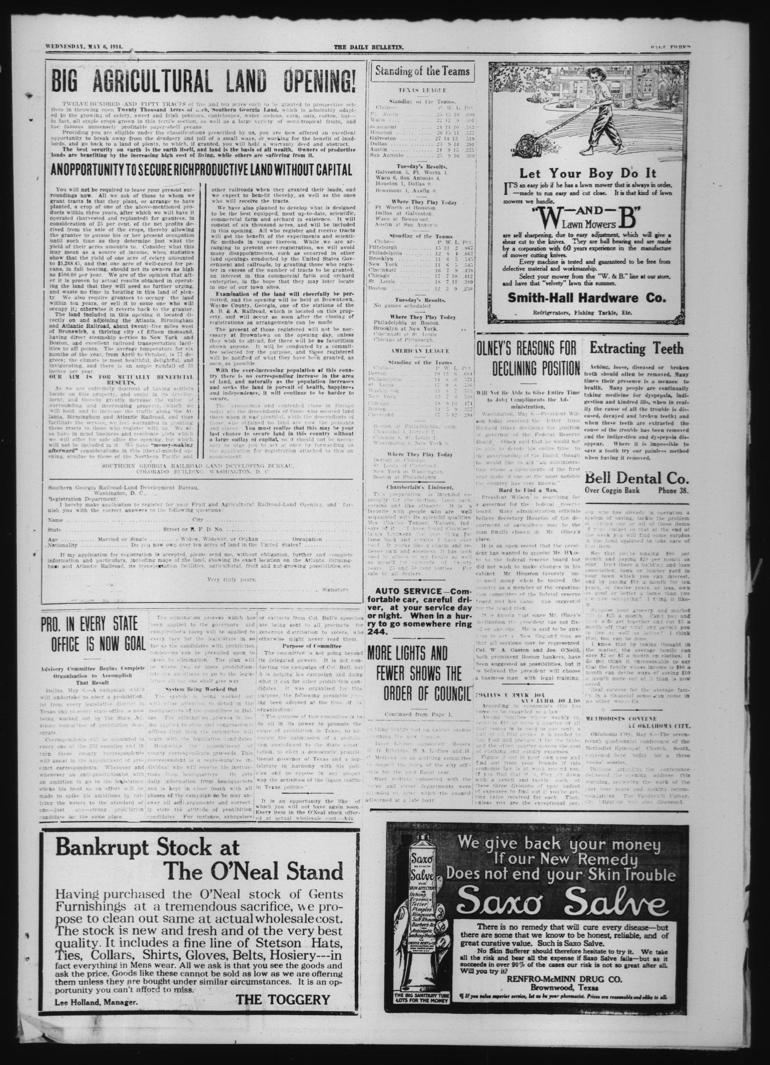 The Daily Bulletin (Brownwood, Tex.), Vol. 13, No. 160, Ed. 1 Wednesday, May 6, 1914
                                                
                                                    [Sequence #]: 3 of 4
                                                