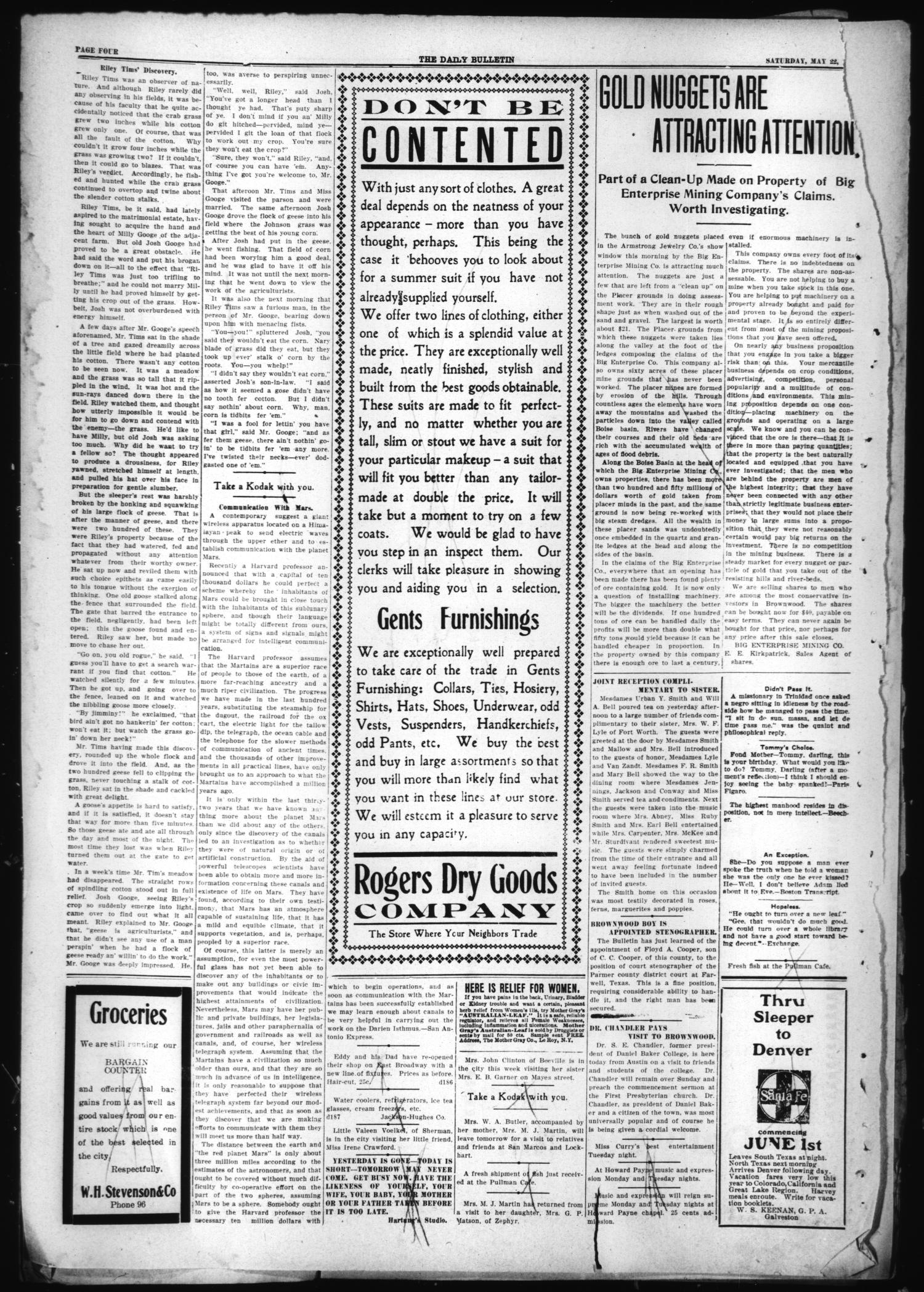 Daily Bulletin. (Brownwood, Tex.), Vol. 9, No. 186, Ed. 1 Saturday, May 22, 1909
                                                
                                                    [Sequence #]: 4 of 8
                                                