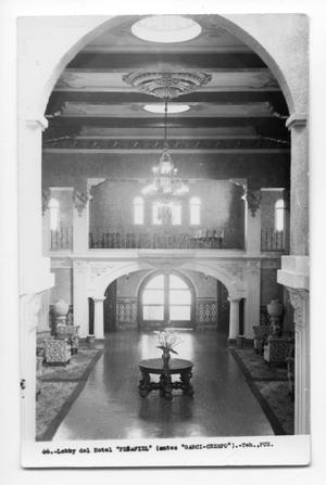 Primary view of object titled 'Postcard of Hotel Peñafiel's lobby'.