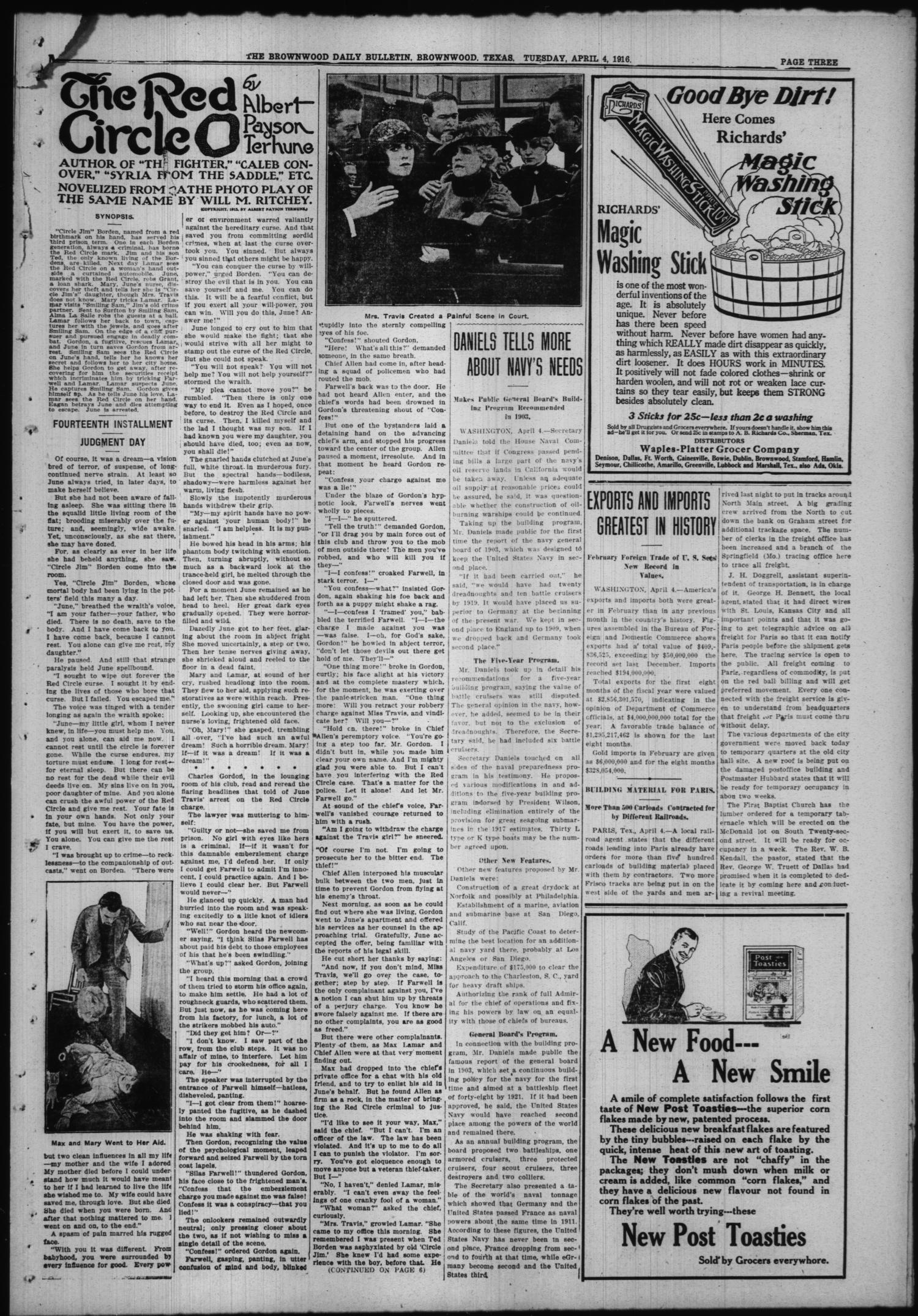 The Daily Bulletin (Brownwood, Tex.), Vol. 15, No. 146, Ed. 1 Tuesday, April 4, 1916
                                                
                                                    [Sequence #]: 3 of 8
                                                