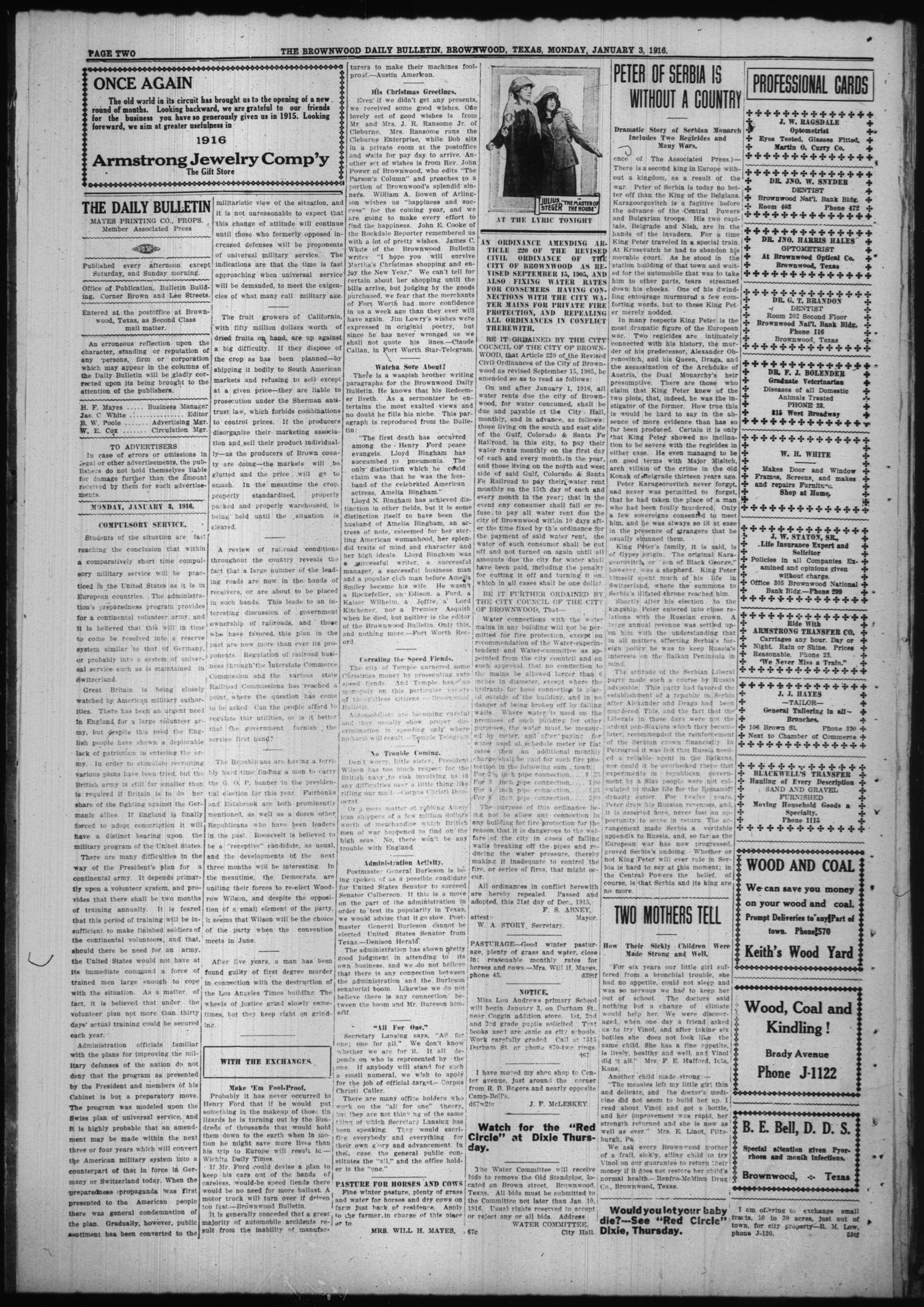 The Daily Bulletin (Brownwood, Tex.), Vol. 15, No. 67, Ed. 1 Monday, January 3, 1916
                                                
                                                    [Sequence #]: 2 of 5
                                                
