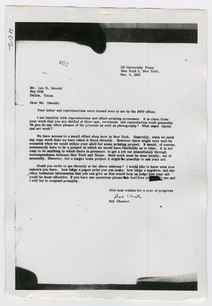 [Photograph of Letter from Bob Chester]