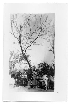 Marie Burkhalter standing next to mules under a tree
