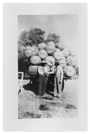 Two unidentied man stand behind a truck with baskets