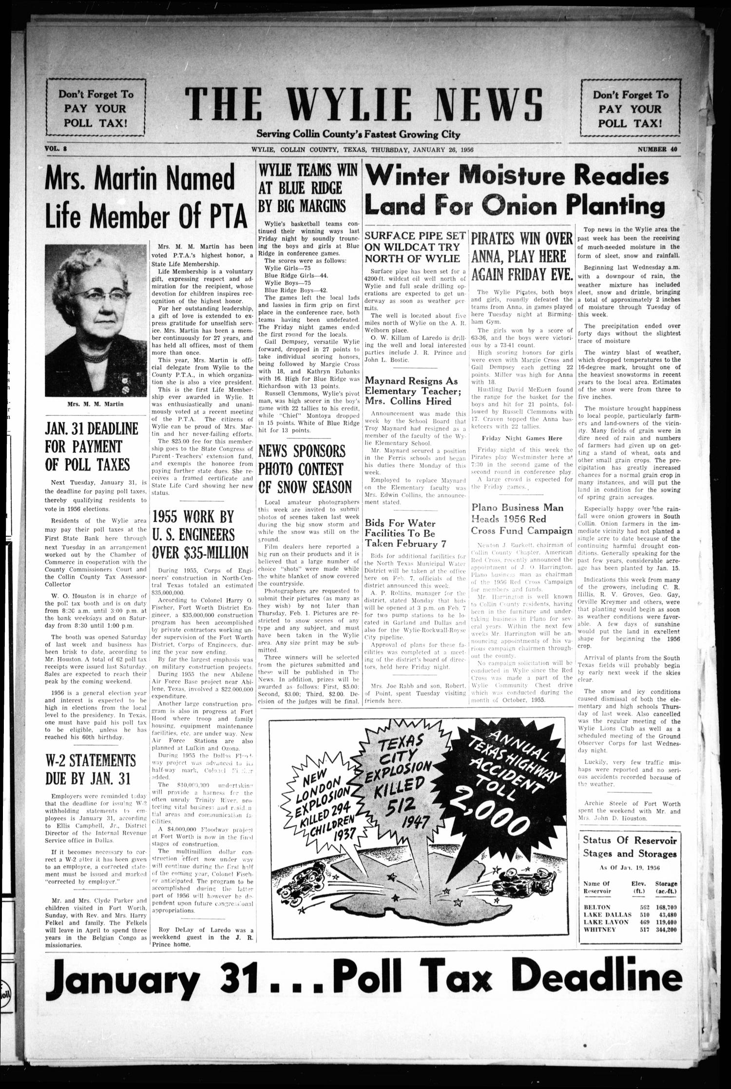 The Wylie News (Wylie, Tex.), Vol. 8, No. 40, Ed. 1 Thursday, January 26, 1956
                                                
                                                    [Sequence #]: 1 of 6
                                                