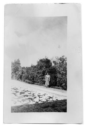 Primary view of object titled 'Marie Burkhalter standing next to a Gardenia Pool'.