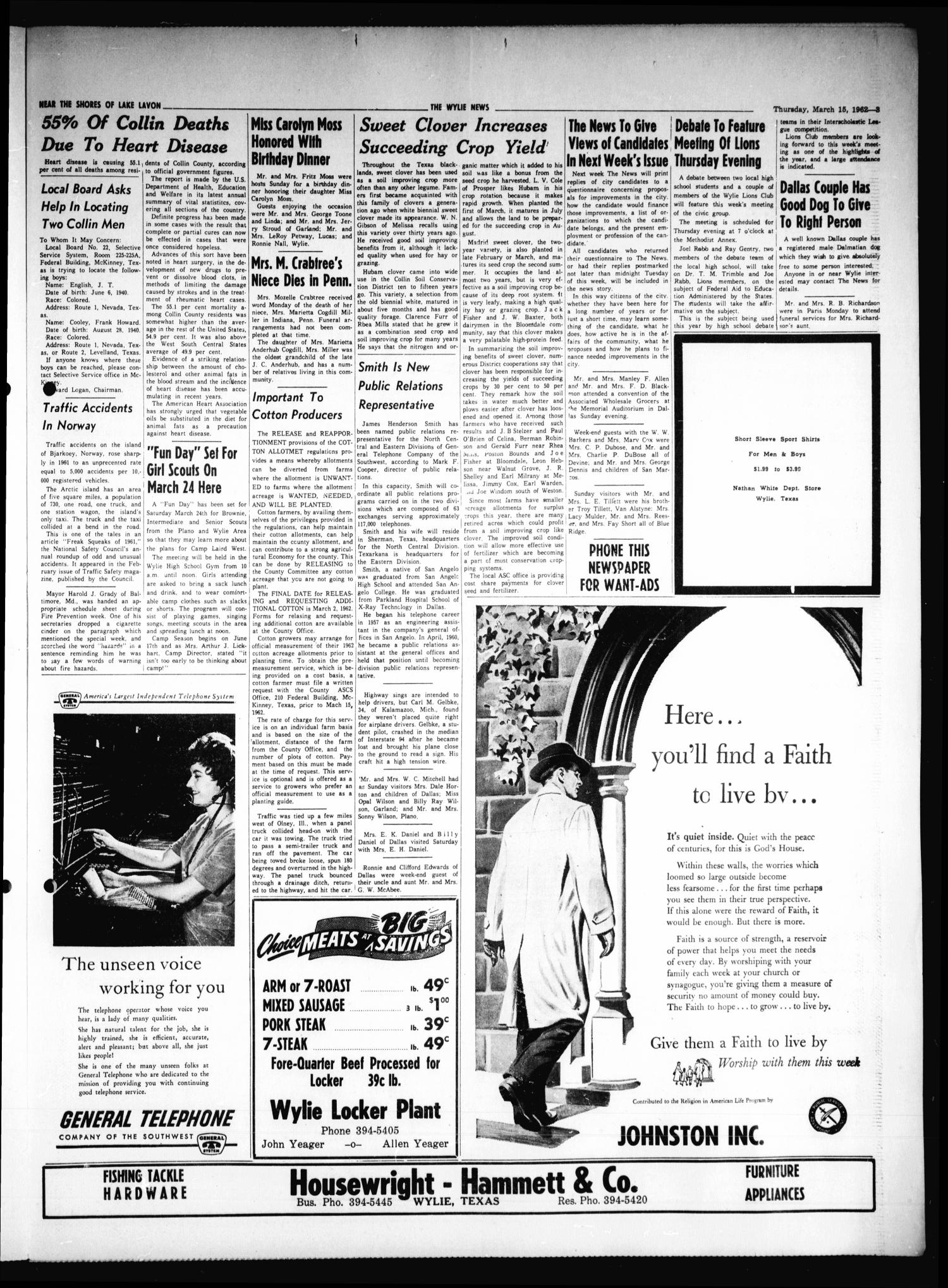 The Wylie News (Wylie, Tex.), Vol. 14, No. 45, Ed. 1 Thursday, March 15, 1962
                                                
                                                    [Sequence #]: 3 of 4
                                                