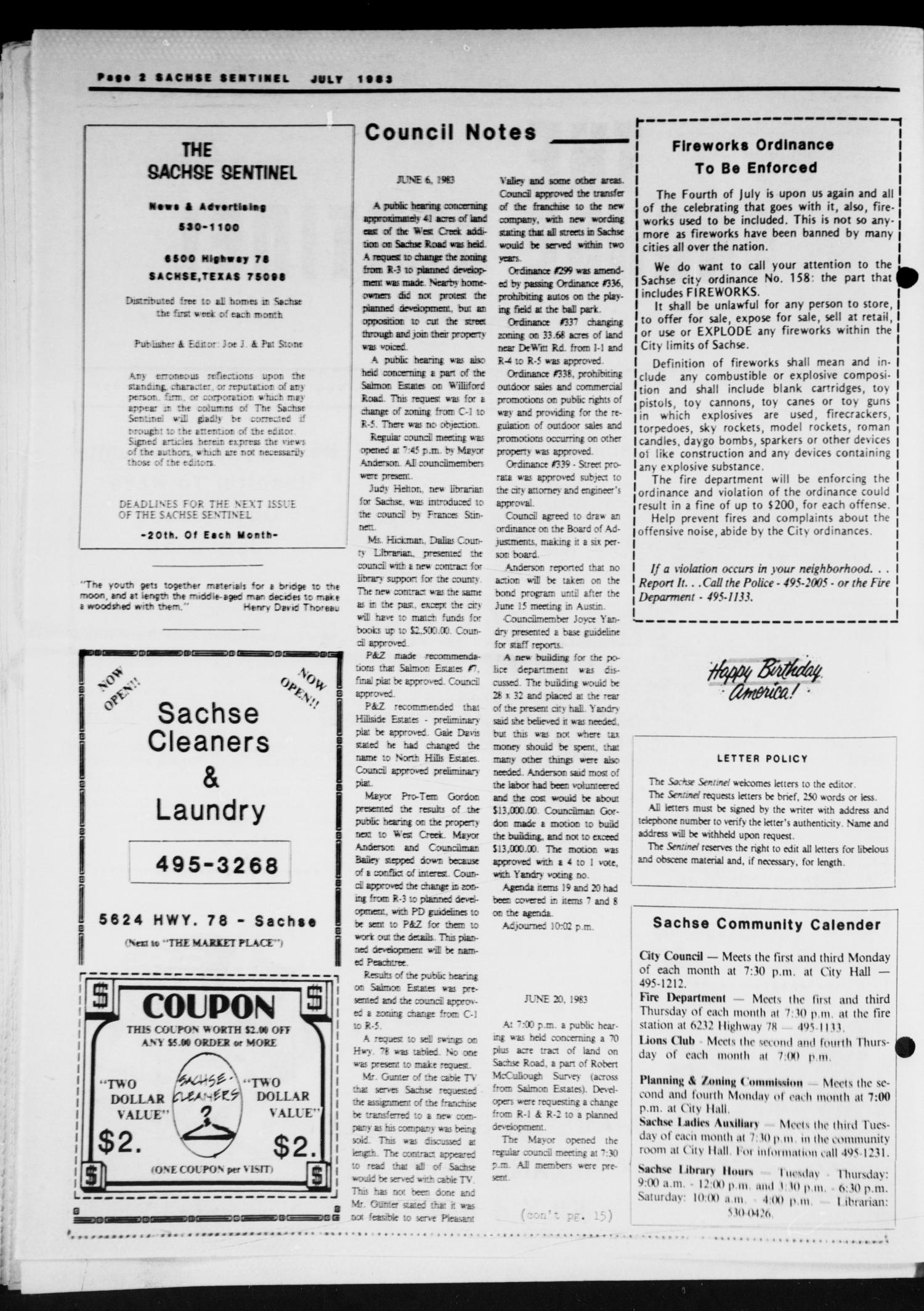 The Sachse Sentinel (Sachse, Tex.), Vol. 8, No. 7, Ed. 1 Friday, July 1, 1983
                                                
                                                    [Sequence #]: 2 of 16
                                                