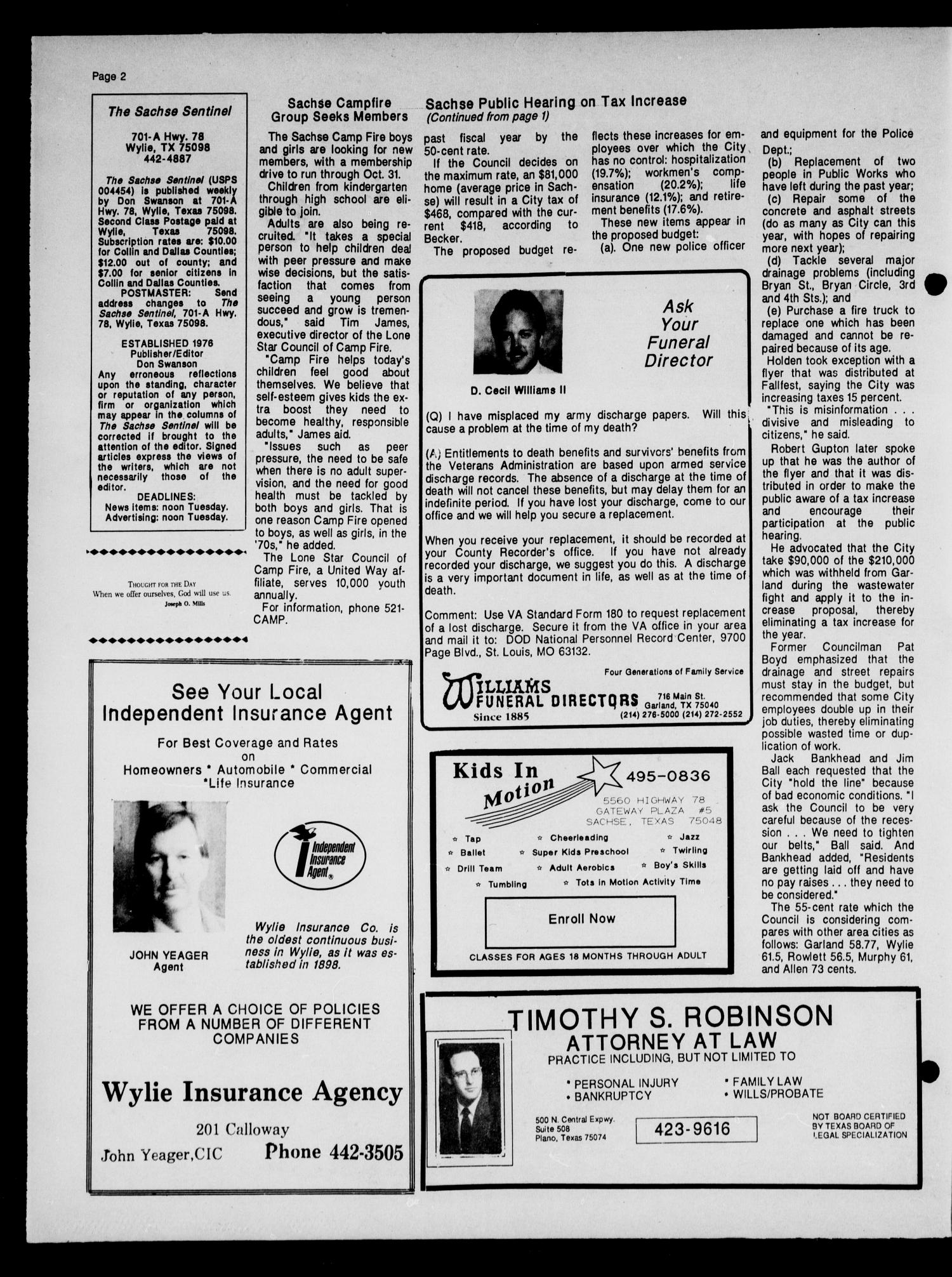 The Sachse Sentinel (Sachse, Tex.), Vol. 16, No. 38, Ed. 1 Wednesday, September 18, 1991
                                                
                                                    [Sequence #]: 2 of 16
                                                