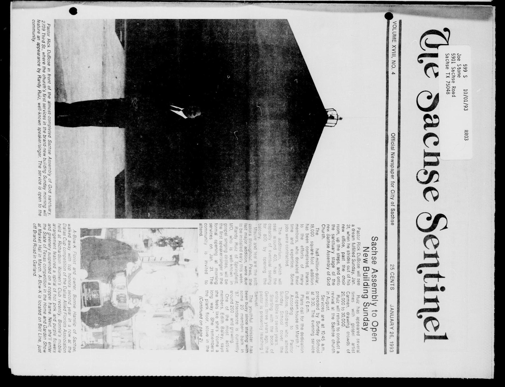 The Sachse Sentinel (Sachse, Tex.), Vol. 18, No. 4, Ed. 1 Tuesday, January 26, 1993
                                                
                                                    [Sequence #]: 1 of 20
                                                