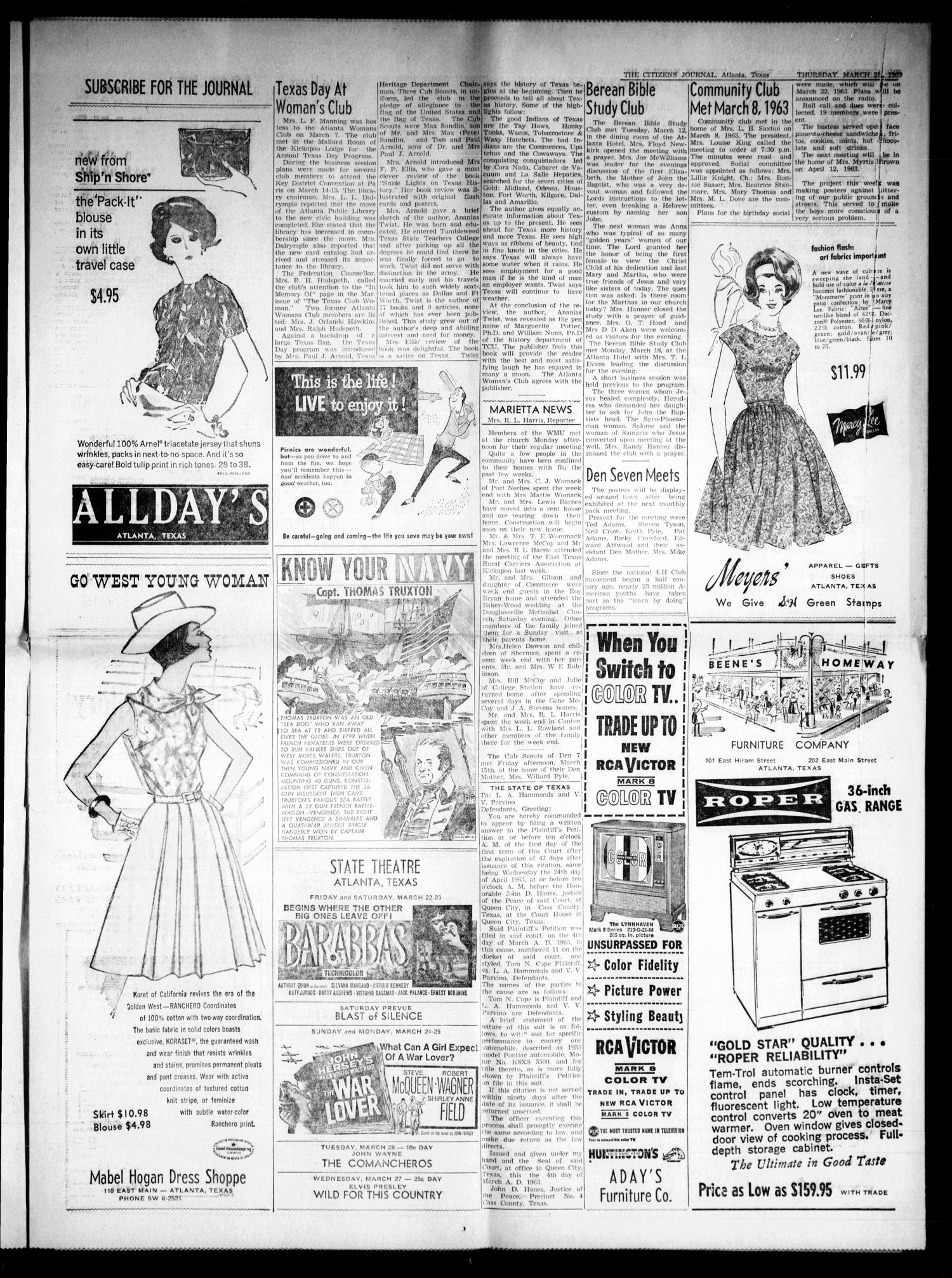 The Citizens Journal (Atlanta, Tex.), Vol. 83, No. 12, Ed. 1 Thursday, March 21, 1963
                                                
                                                    [Sequence #]: 3 of 12
                                                