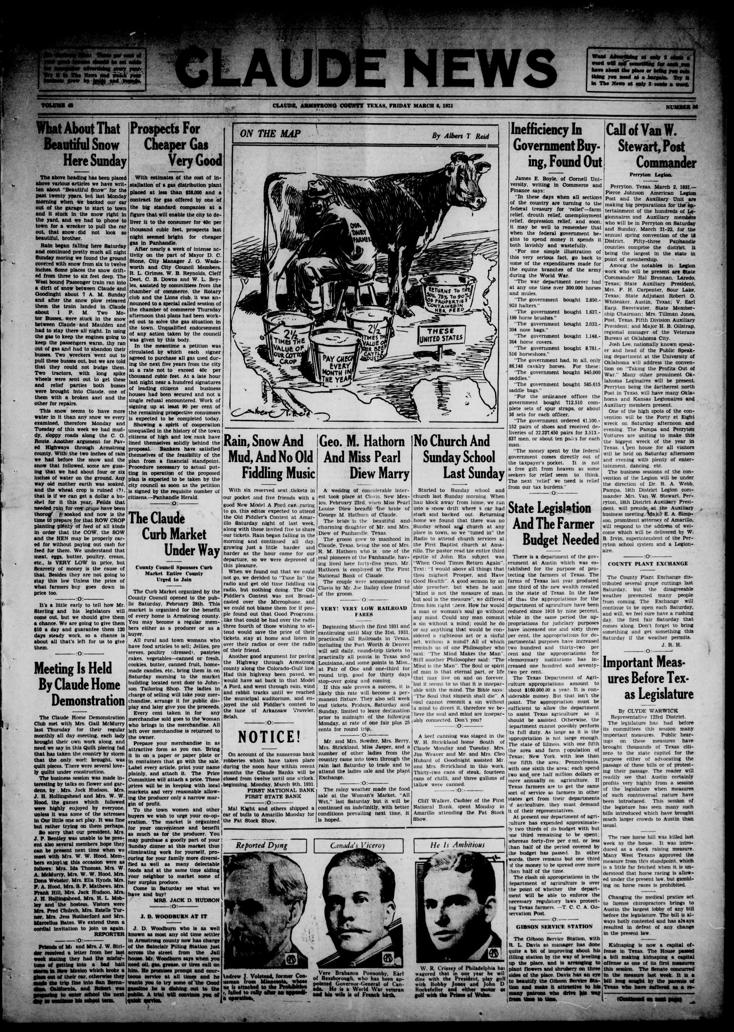 Claude News (Claude, Tex.), Vol. 42, No. 26, Ed. 1 Friday, March 6, 1931
                                                
                                                    [Sequence #]: 1 of 6
                                                