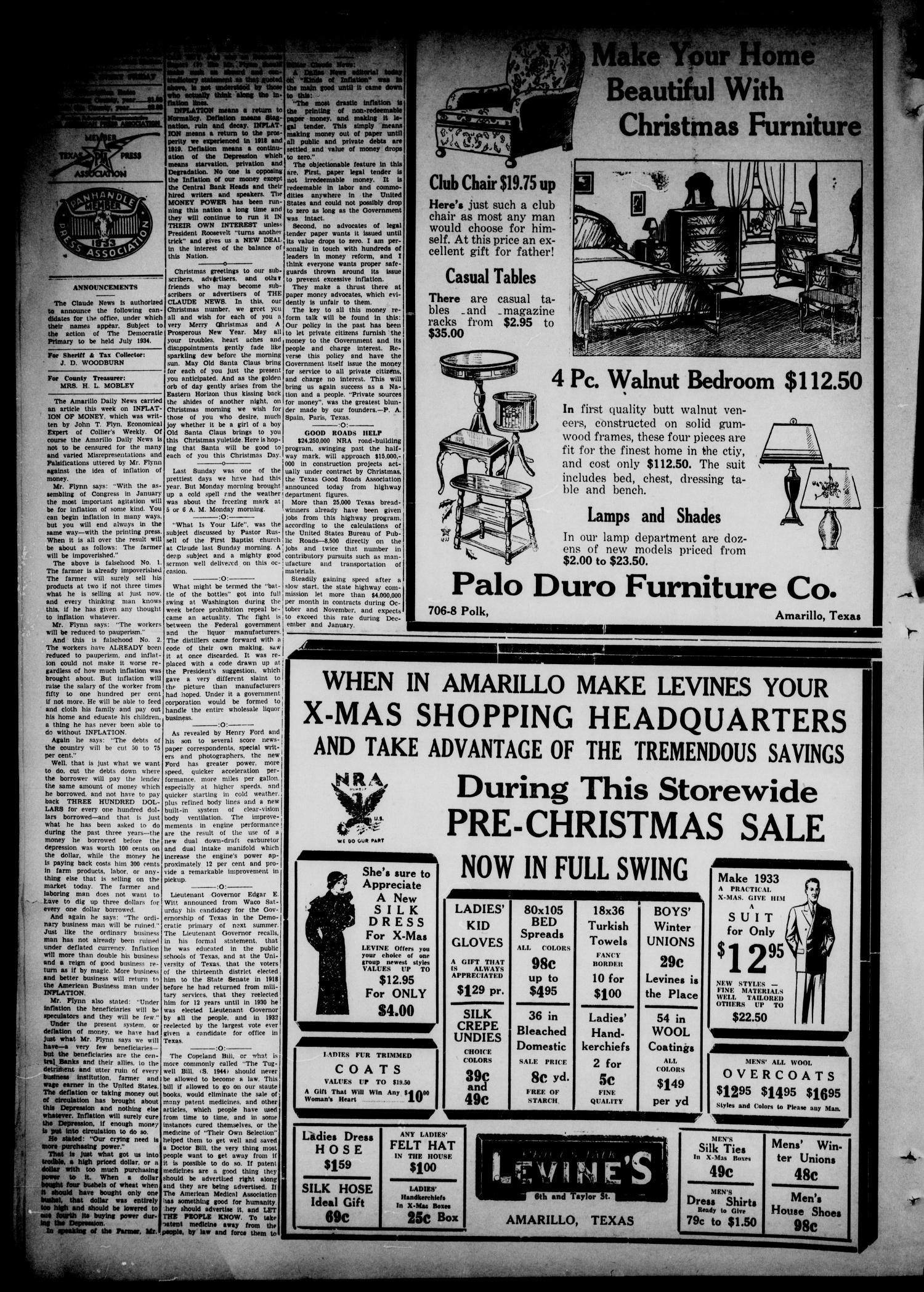 Claude News (Claude, Tex.), Vol. 45, No. 15, Ed. 1 Friday, December 15, 1933
                                                
                                                    [Sequence #]: 2 of 14
                                                
