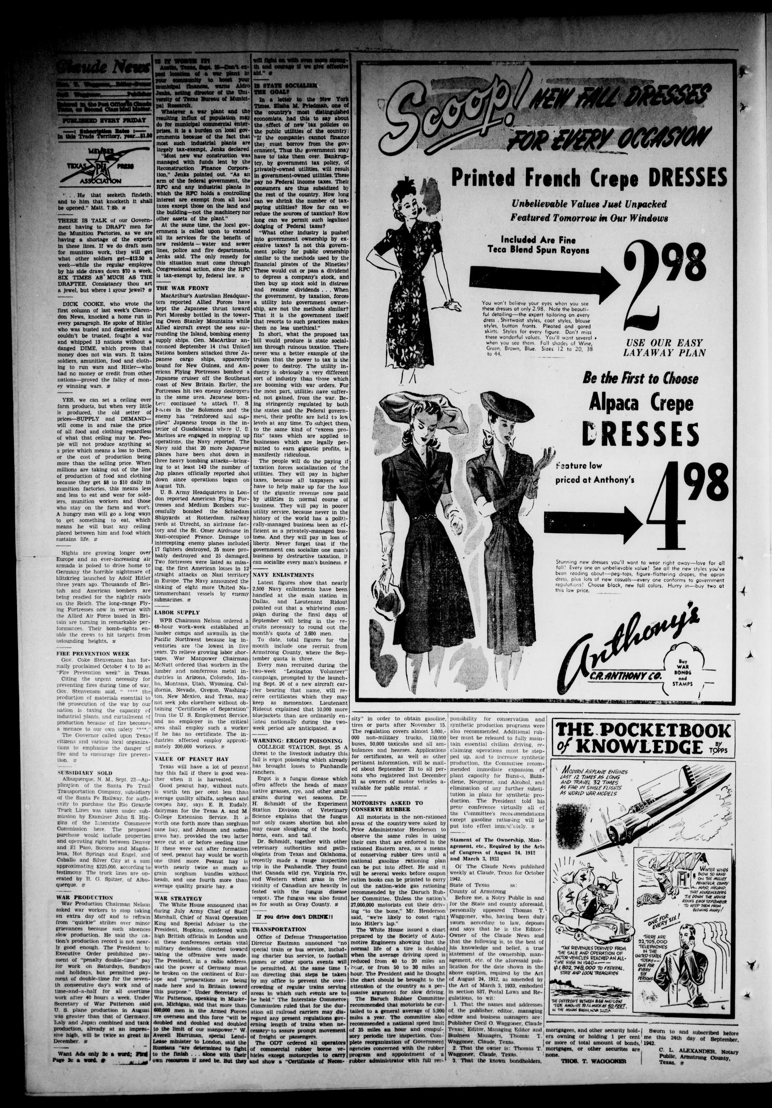 Claude News (Claude, Tex.), Vol. 54, No. 5, Ed. 1 Friday, September 25, 1942
                                                
                                                    [Sequence #]: 2 of 4
                                                