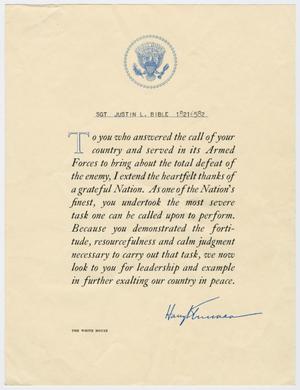 [Letter from Harry Truman to Justin L. Bible]