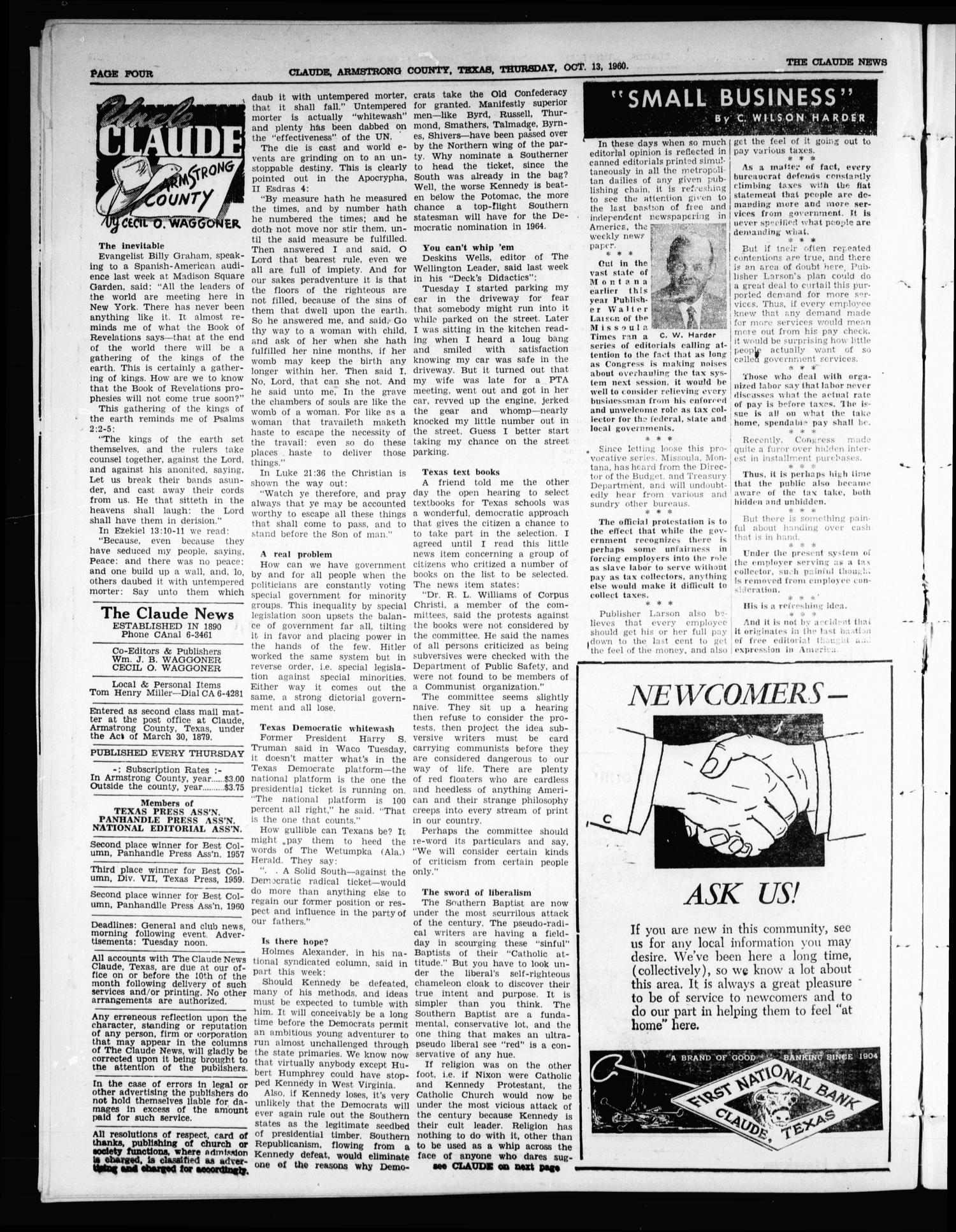 The Claude News (Claude, Tex.), Vol. 71, No. 8, Ed. 1 Thursday, October 13, 1960
                                                
                                                    [Sequence #]: 4 of 16
                                                