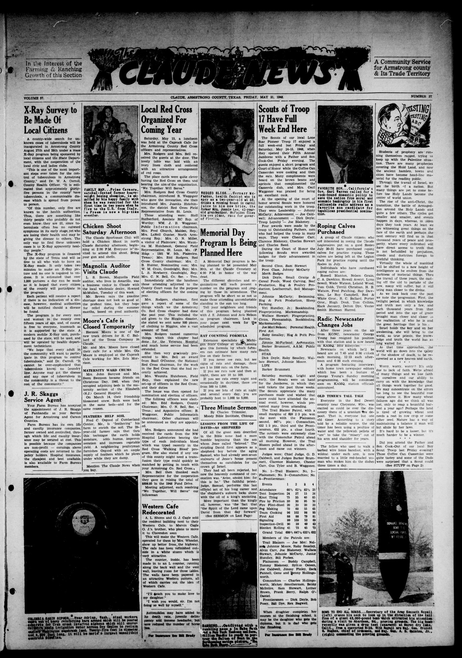 Claude News (Claude, Tex.), Vol. 57, No. 37, Ed. 1 Friday, May 21, 1948
                                                
                                                    [Sequence #]: 1 of 6
                                                