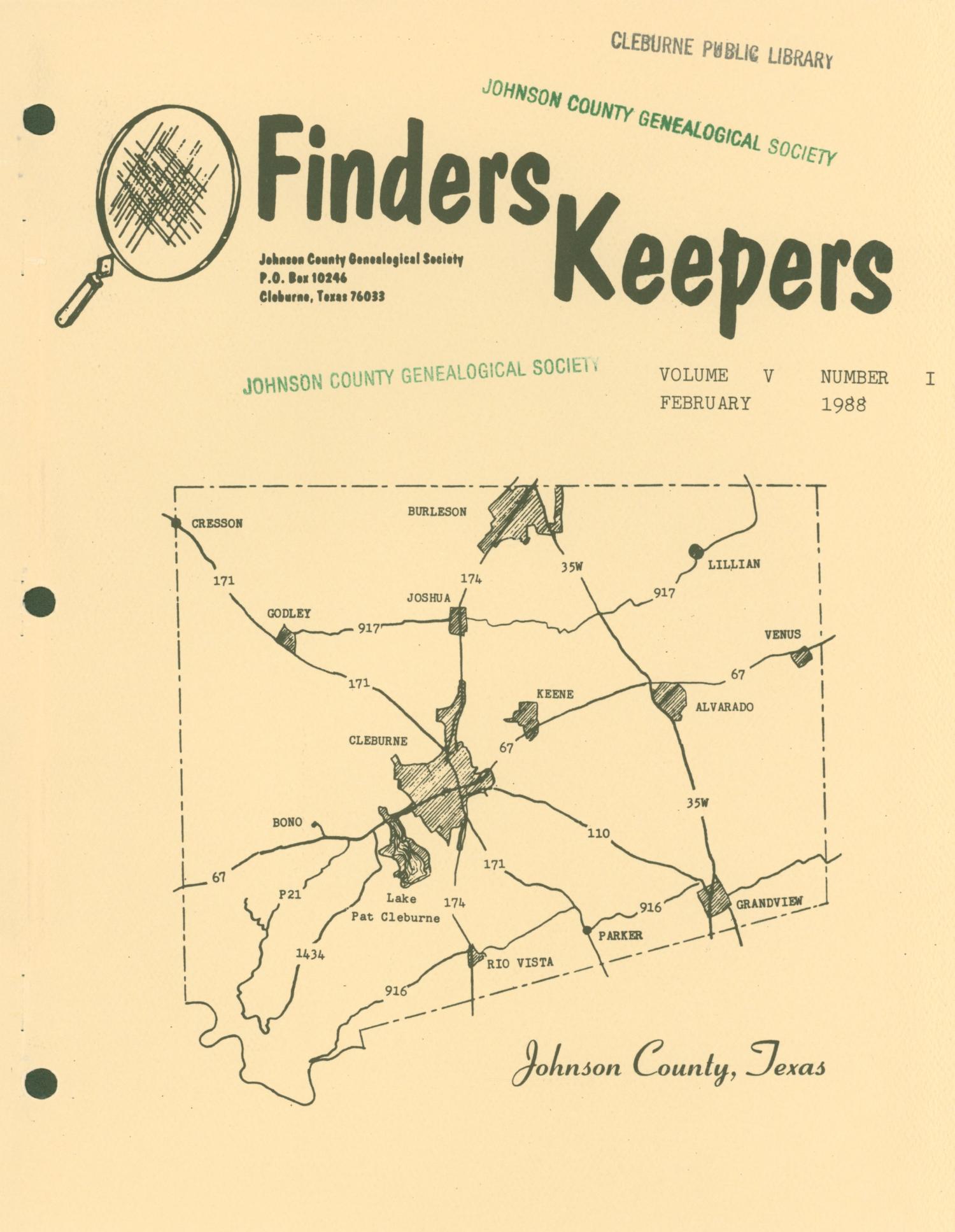 Finders Keepers, Volume 5, Number 1, February 1988
                                                
                                                    Front Cover
                                                