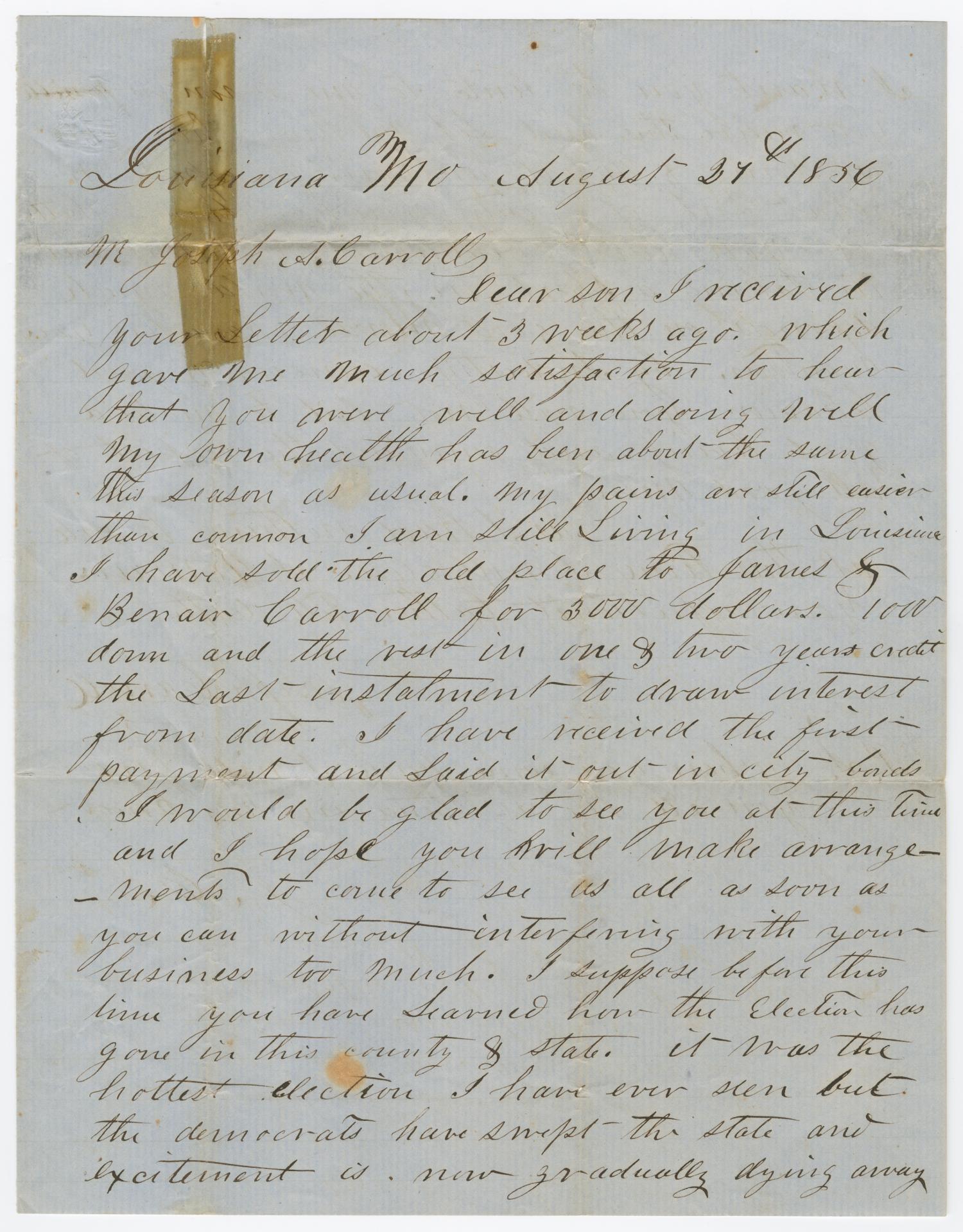 [Letter from Joseph Carroll to Joseph A. Carroll, August 27, 1856]
                                                
                                                    [Sequence #]: 1 of 2
                                                