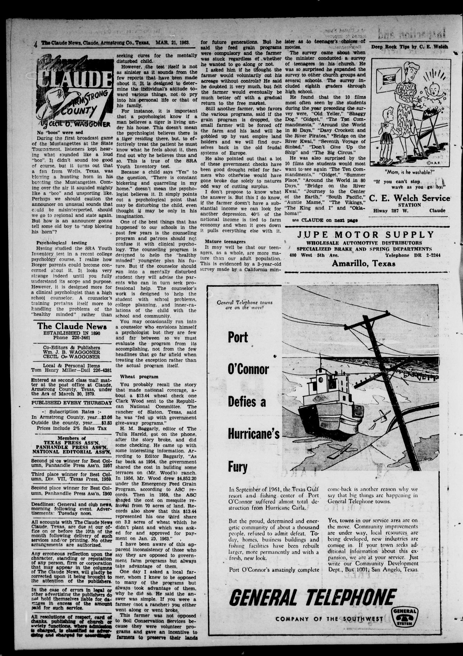 Claude News (Claude, Tex.), Vol. 73, No. 31, Ed. 1 Thursday, March 21, 1963
                                                
                                                    [Sequence #]: 4 of 16
                                                