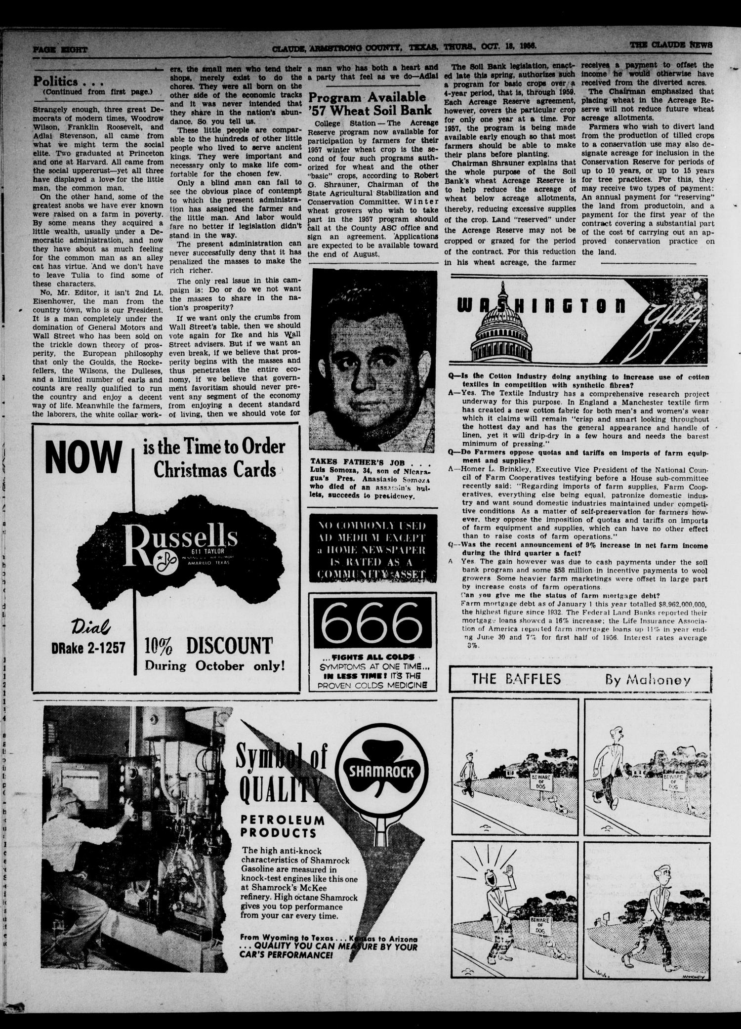 Claude News (Claude, Tex.), Vol. 67, No. 8, Ed. 1 Thursday, October 18, 1956
                                                
                                                    [Sequence #]: 8 of 16
                                                
