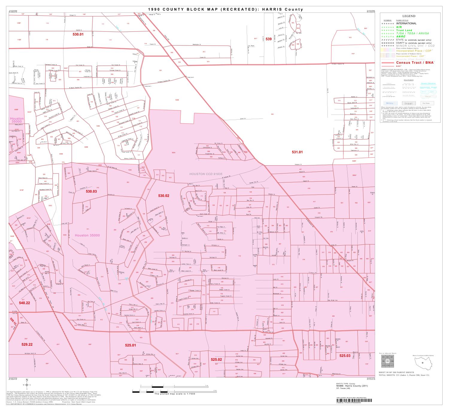 1990 Census County Block Map (Recreated): Harris County, Block 99, Parent map for Harris County, Texas showing the area of one geographic block for which the U.S. Census Bureau collected data. The plotted map scale is 1:7,000., 