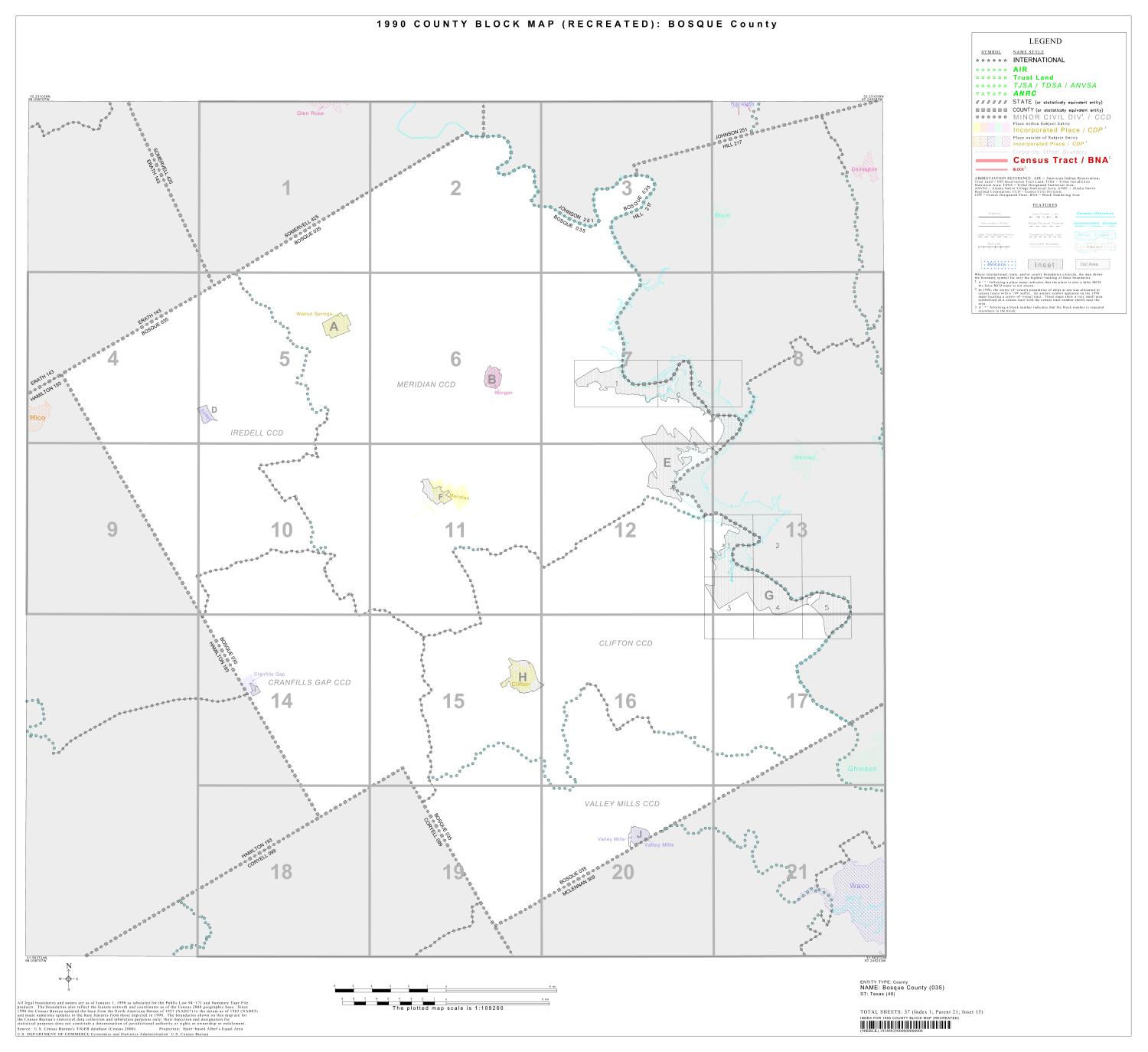 1990 Census County Block Map (Recreated): Bosque County, Index, Index map for Bosque County, Texas showing the distribution of census blocks and smaller inset areas for which the U.S. Census Bureau collected data. The plotted map scale is 1:109,260., 