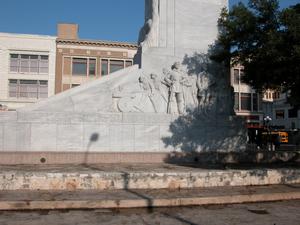 Alamo Centotaph, "The Spirit of Sacrifice," side view with sculpture of Defenders