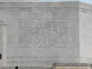 Primary view of object titled 'Engraved frieze on the San Jacinto Monument, Colonists Forced the Mexican Authorities'.