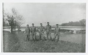 Primary view of object titled '[Photograph of Five Signal Company Soldiers at Bridge]'.