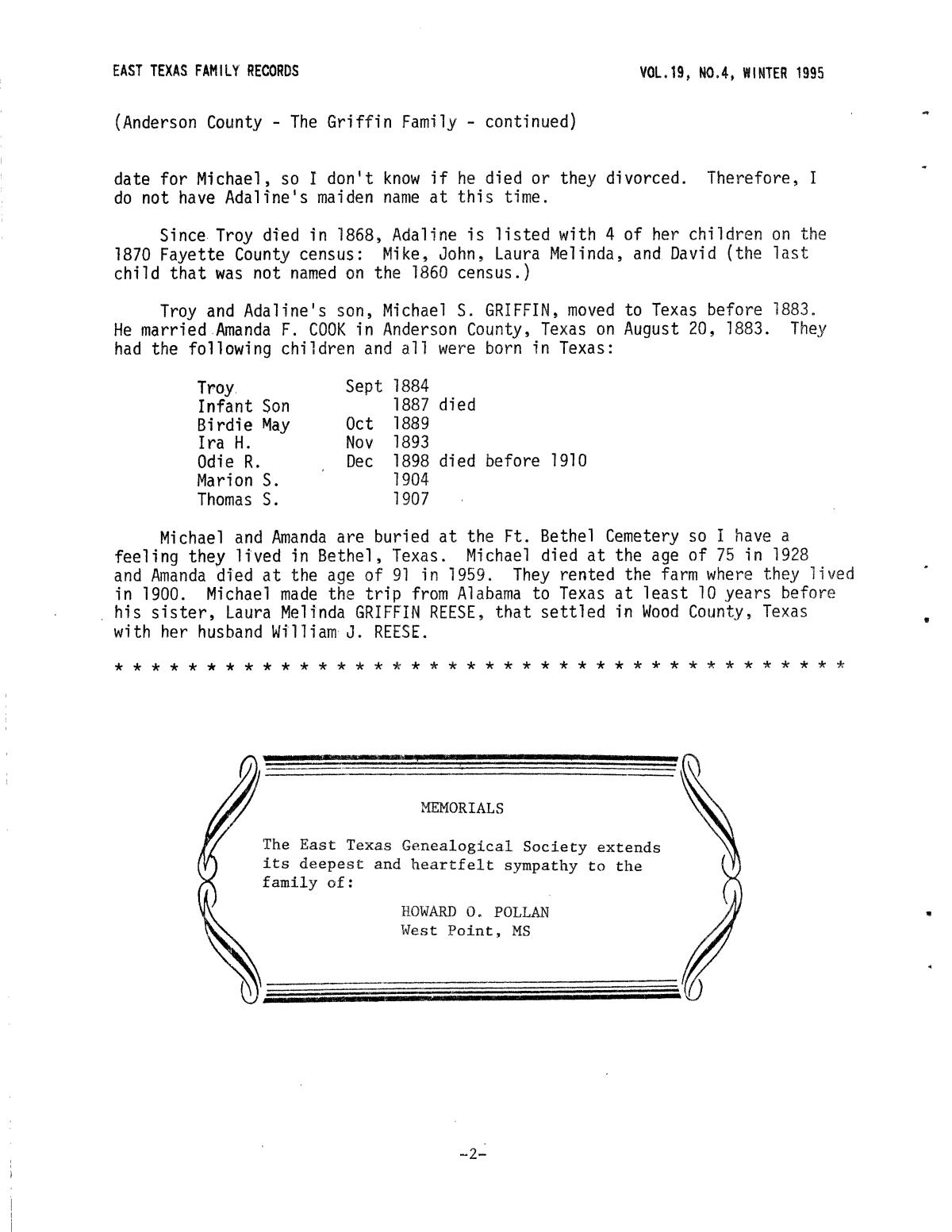 East Texas Family Records, Volume 19, Number 4, Winter 1995
                                                
                                                    2
                                                