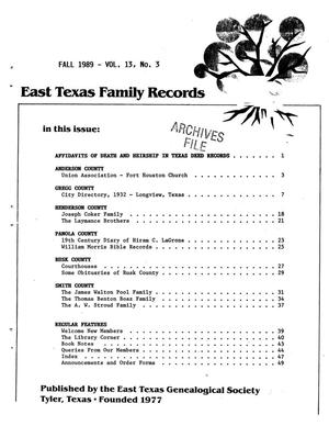 East Texas Family Records, Volume 13, Number 3, Fall 1989