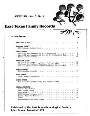 East Texas Family Records, Volume 9, Number 4, Winter 1985