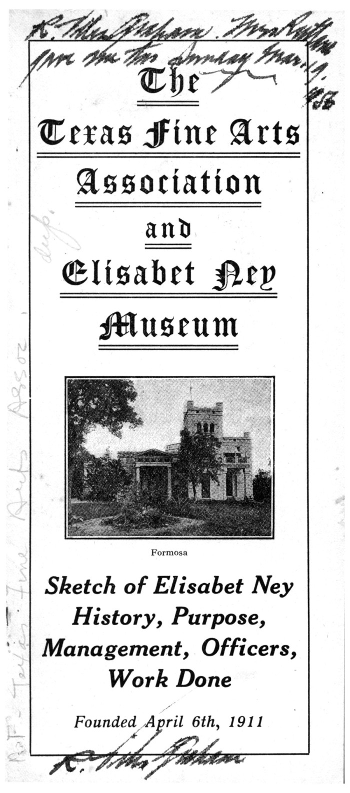 First page of: The Texas Fine Arts Association and Elisabet Ney Museum, a book available in the The Portal to Texas History
