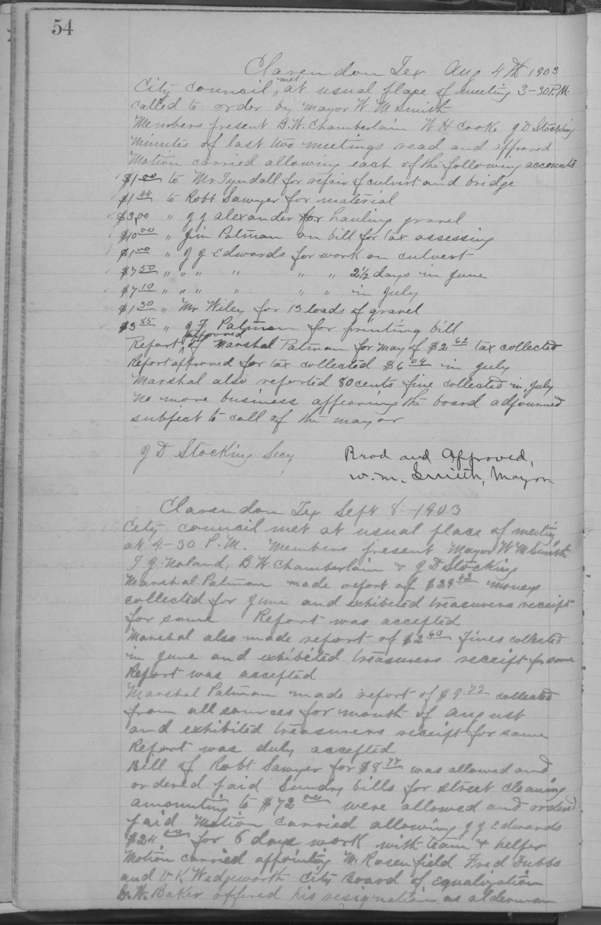 [City of Clarendon Ledger: Minutes for September 10, 1901- April 19, 1917]
                                                
                                                    54
                                                