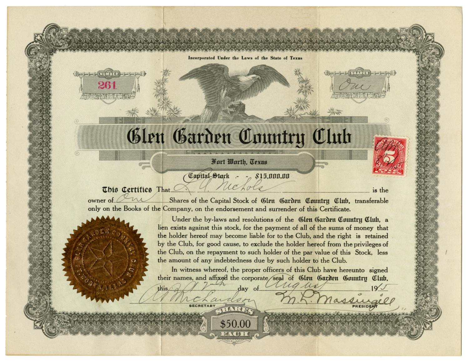 Glen Garden Country Club Stock Certificate The Portal To Texas