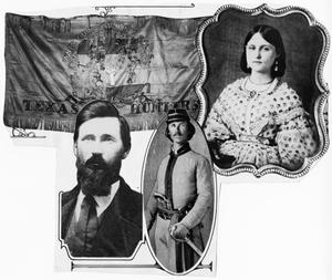 Collage: Flag of Texas Hunters, Two men and a Woman during the Civil War period