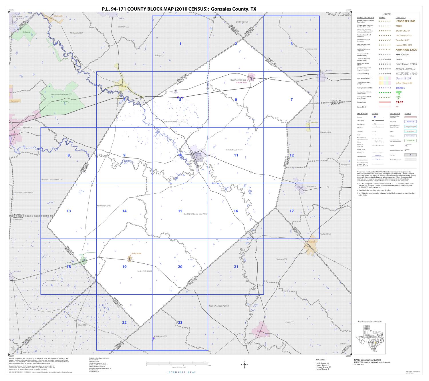 P.L. 94-171 County Block Map (2010 Census): Gonzales County, Index
                                                
                                                    [Sequence #]: 1 of 1
                                                