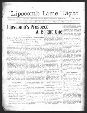 Primary view of object titled 'Lipscomb Lime Light (Lipscomb, Tex.), Vol. 2, No. 14, Ed. 1 Thursday, February 19, 1914'.