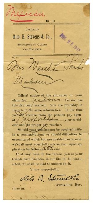 [Notice to Mrs. Martha Parks, 26 July 1907]