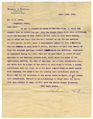 [Letter to Mr. D.C. Parks, 11 September 1906]