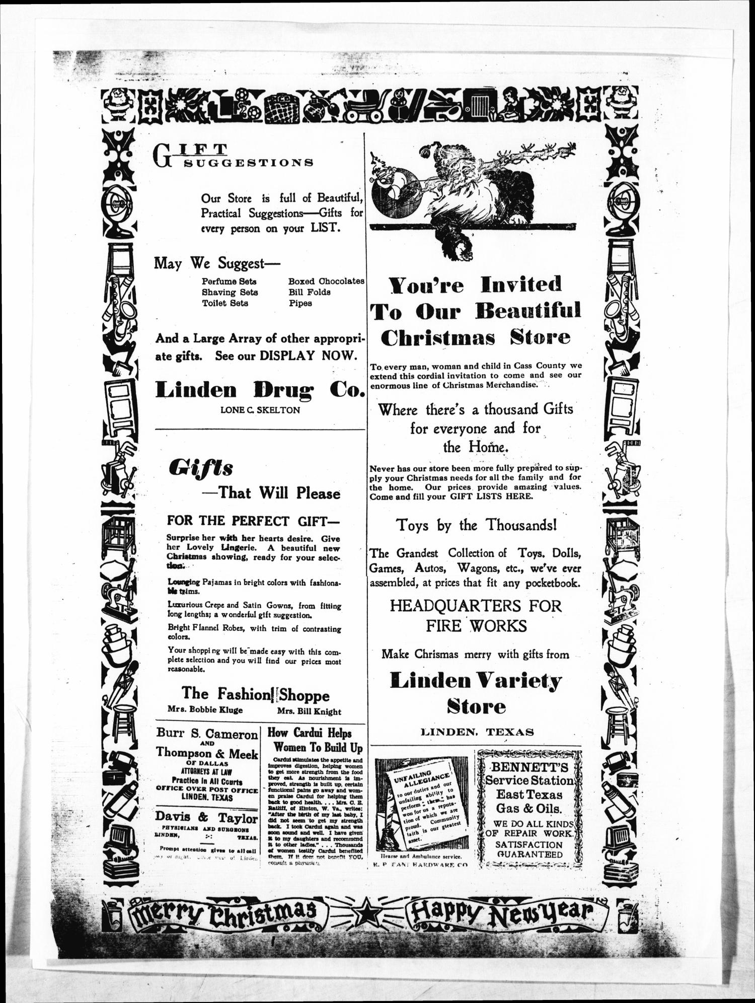The Cass County Sun (Linden, Tex.), Vol. 60, No. 51, Ed. 1 Thursday, December 19, 1935
                                                
                                                    [Sequence #]: 2 of 2
                                                