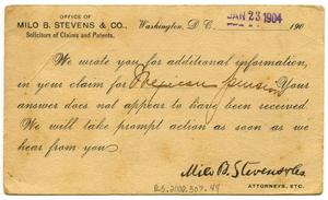 [Postal Card to Mr. Milton Parks, 23 January 1904]