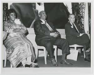 Primary view of object titled '[Barbara Jordan, Mack Hannah, and LBJ on Stage]'.